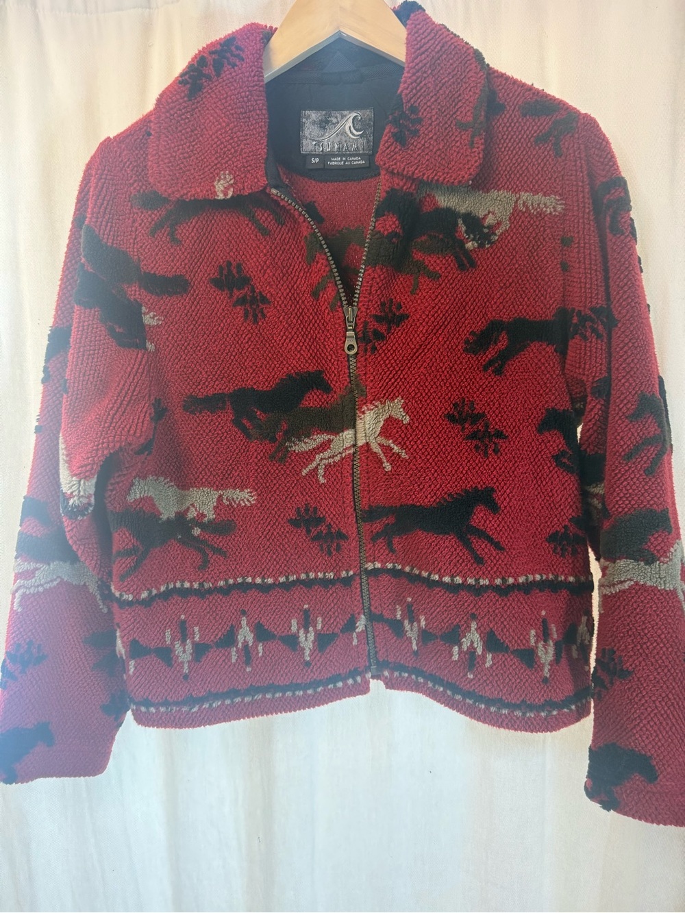 Tsunami Zip-Up Plush Jacket with Black Horse Motif
